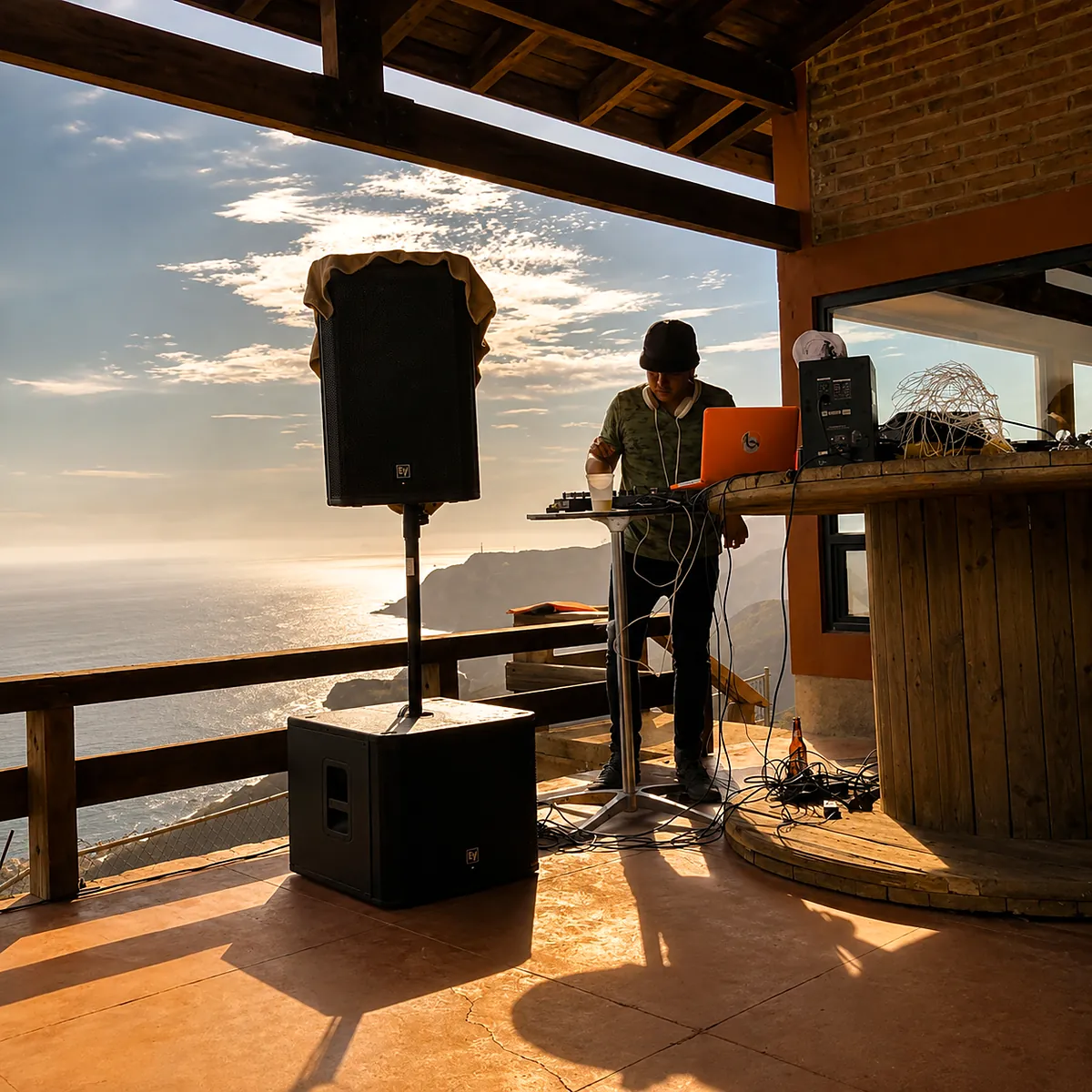 Zeb Dehn en cabina DJ en un porche frente al mar al atardecer — Radio Tunco